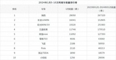 ​2024年1月热门两厢车销量排行：宏光MINI EV意外退居季军位置
